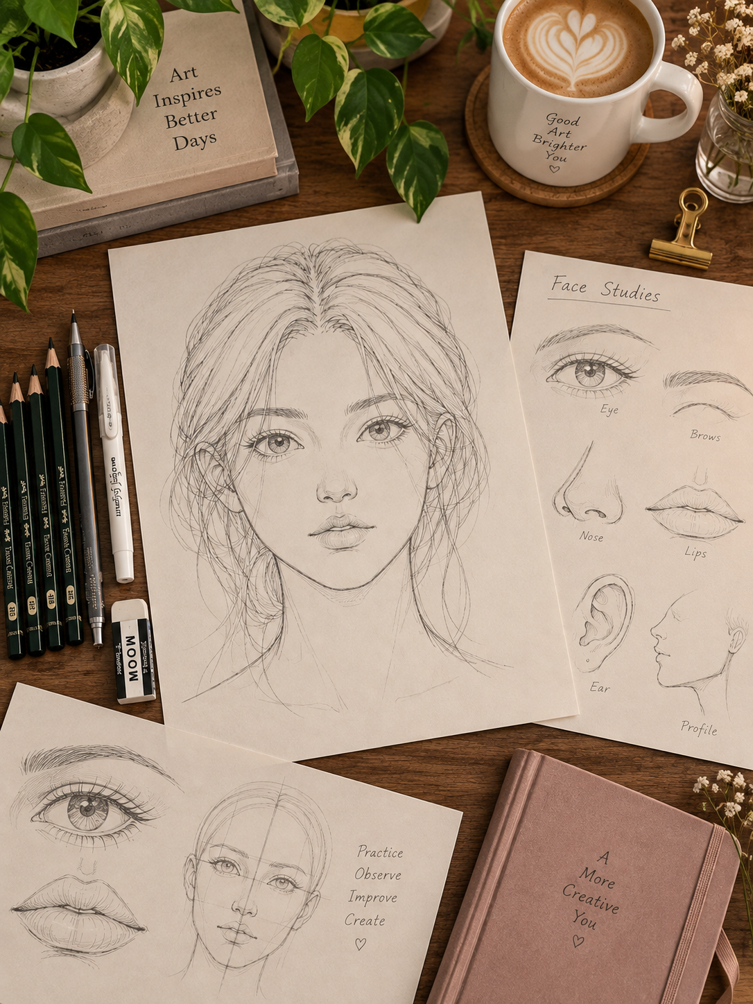 Portrait drawing and facial feature sketch studies