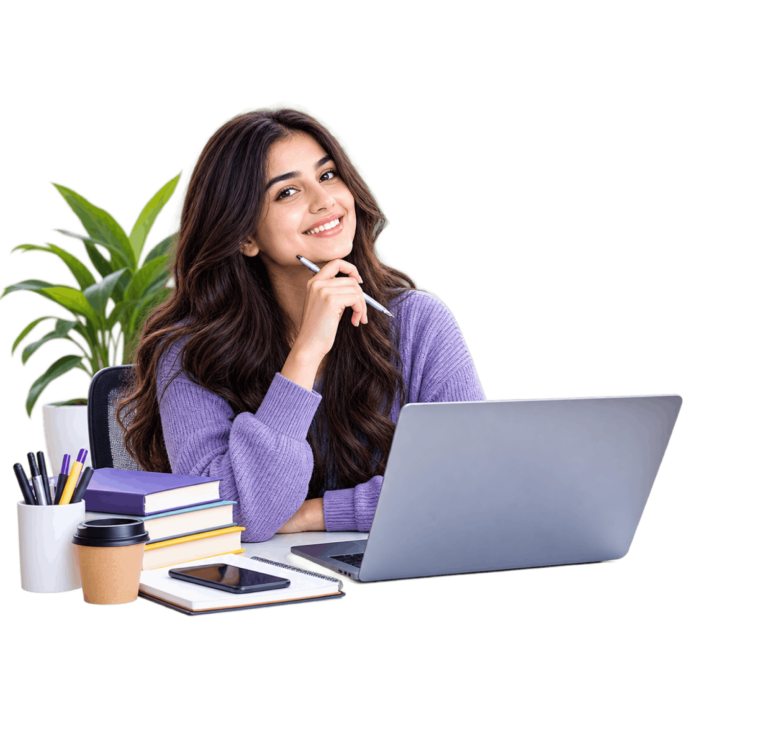 Smiling woman sitting at a desk with a laptop, plant, books, and coffee