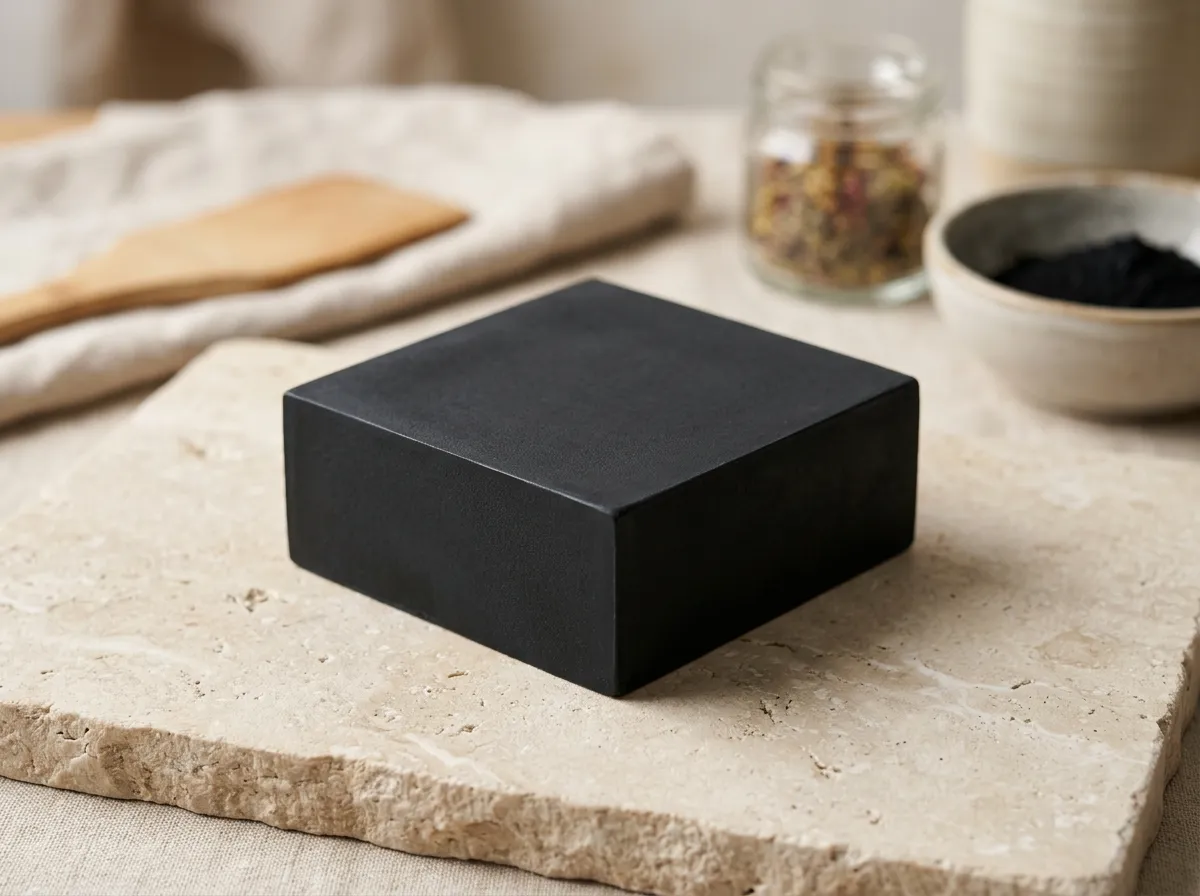 Matte black Charcoal soap base block on a stone slab