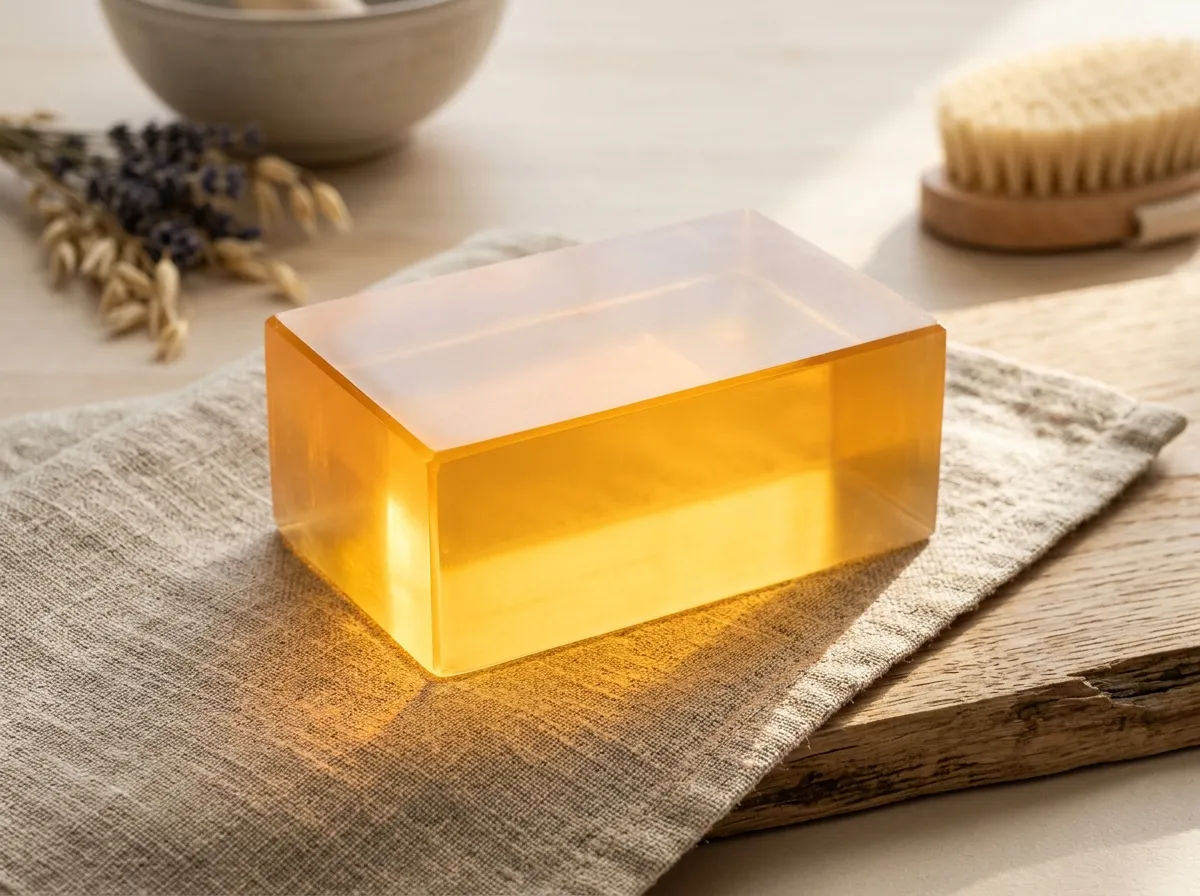 Amber Transparent soap base block glowing in sunlight on linen