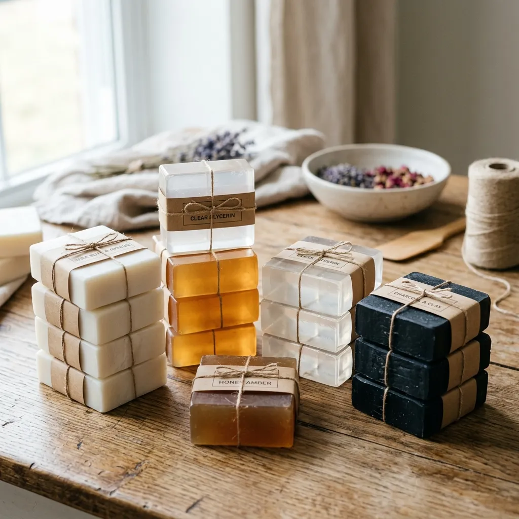 Stacks of Opaque, Transparent, Extra Clear and Charcoal soap base bars tied with twine on a wooden table