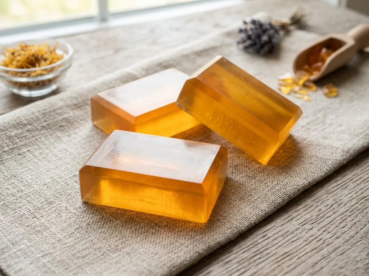 Three amber transparent soap base bars on a linen cloth