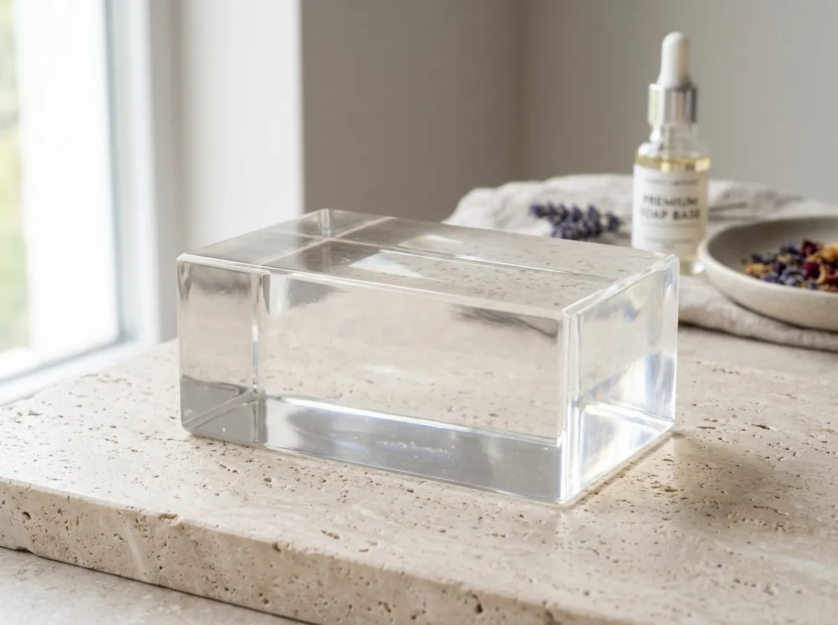 Glass-clear Extra Clear soap base block on a stone counter