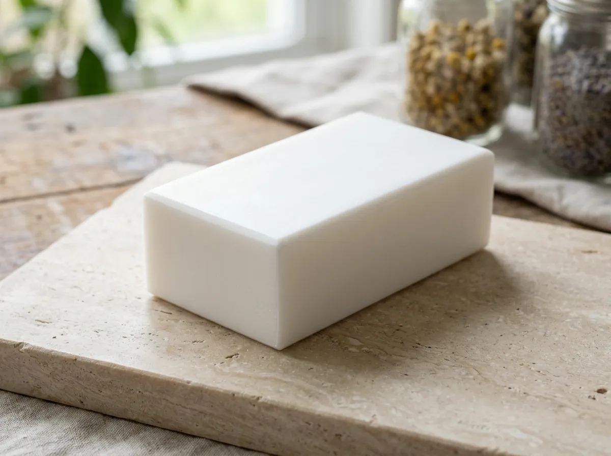 Creamy white Opaque soap base block on a stone slab