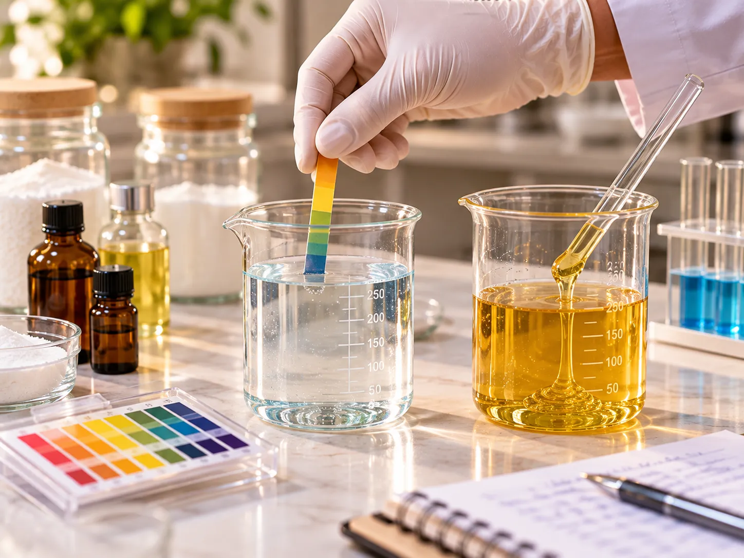 Testing the pH of a cleaner sample with an indicator strip beside a second sample in a beaker