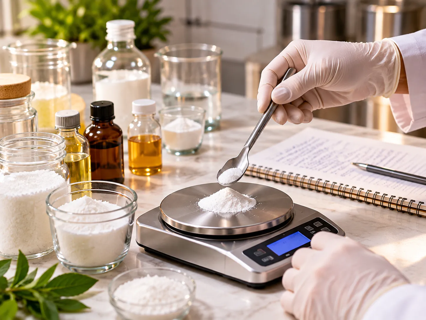 Gloved hand weighing a home care raw material on a digital scale