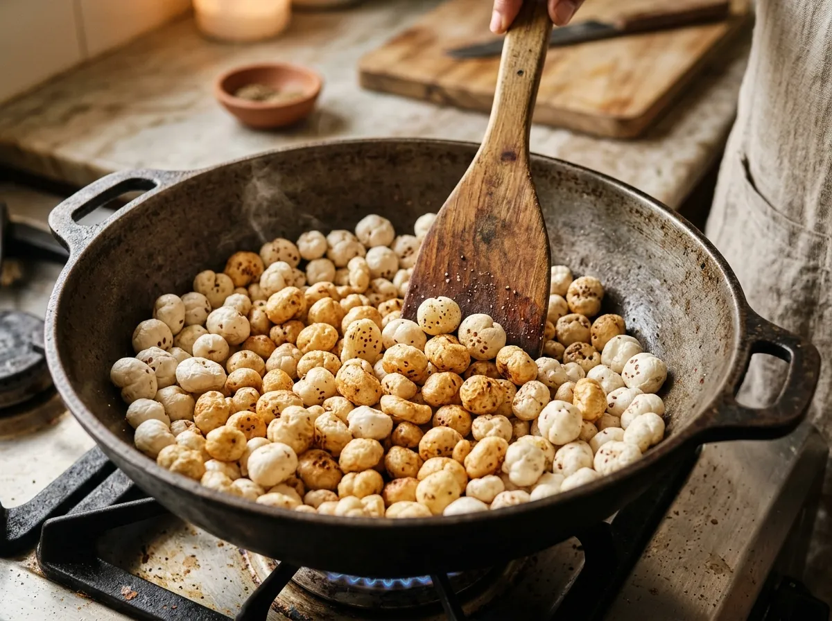 Makhana being roasted in a wide pan