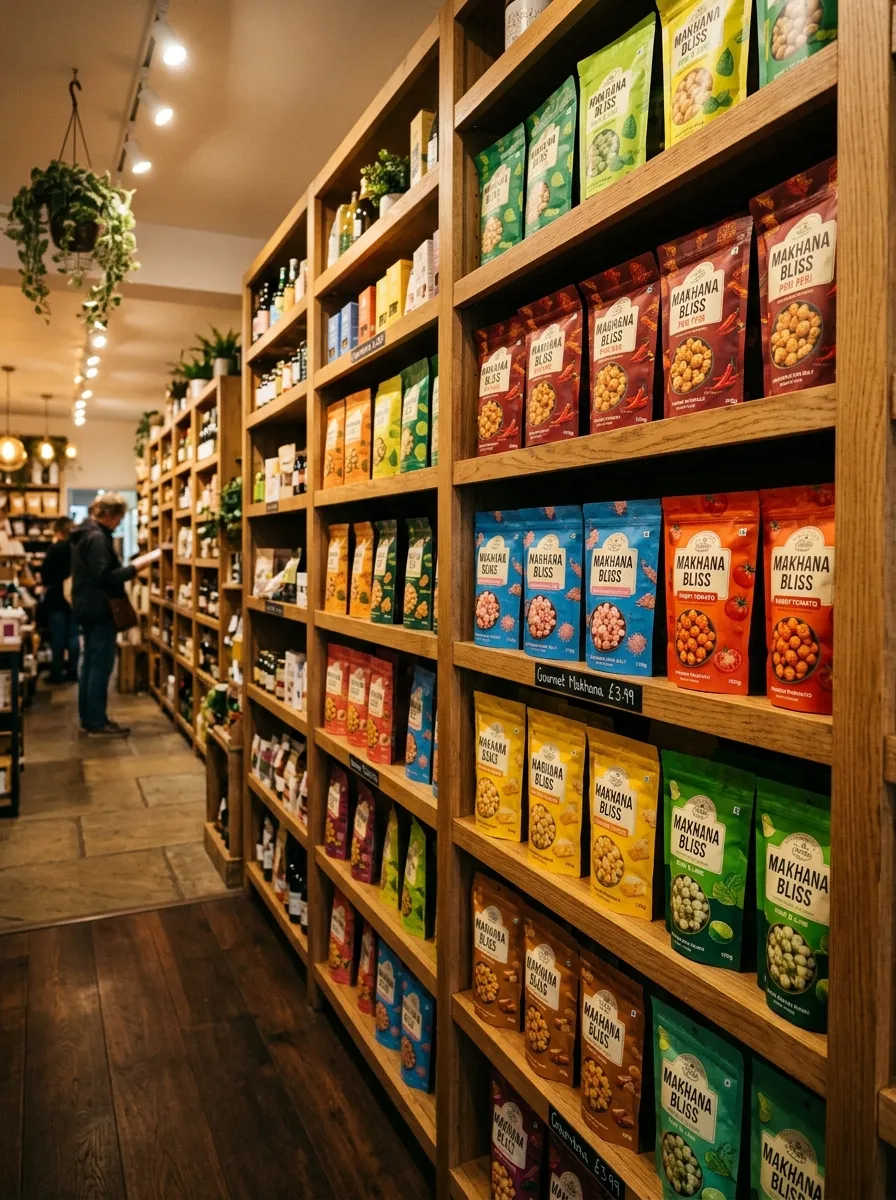 Flavoured makhana packs displayed on a retail shelf