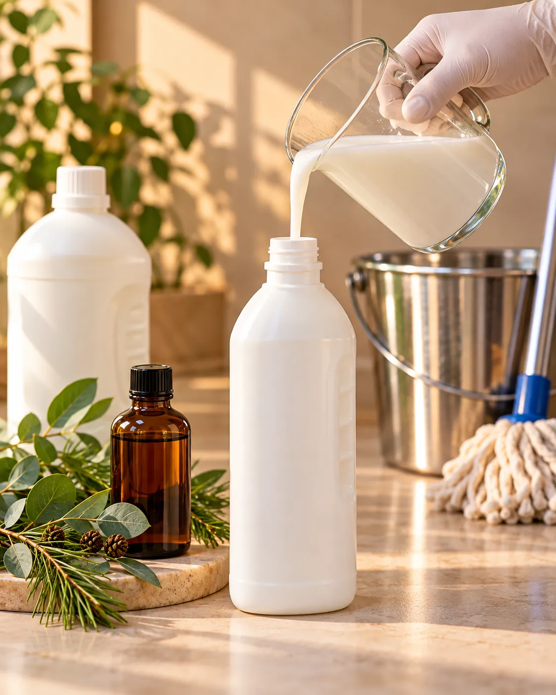 Milky white phenyl being poured into a bottle beside an amber bottle of concentrate and herbs