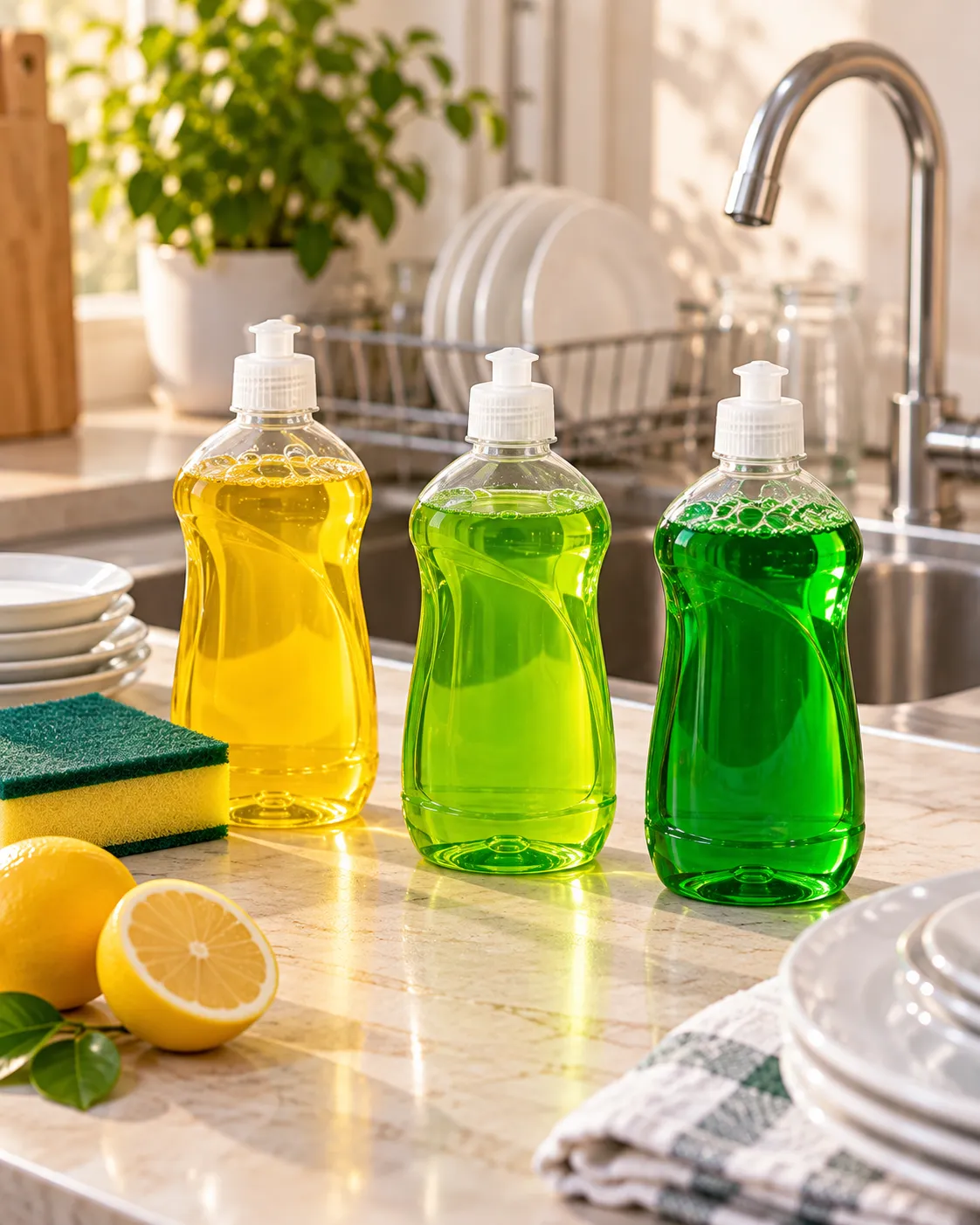 Yellow and green dishwash liquids in three bottles beside a kitchen sink