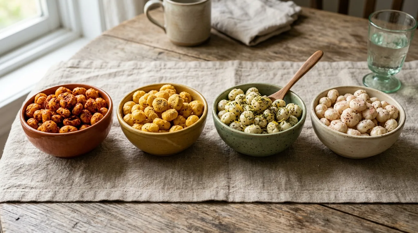 Starter collection of four flavoured makhana varieties in bowls