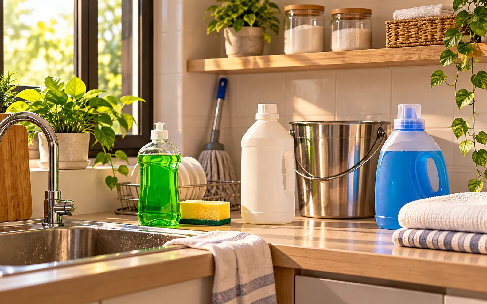 Everyday cleaning products — dishwash, floor cleaner and laundry liquid — beside a kitchen sink