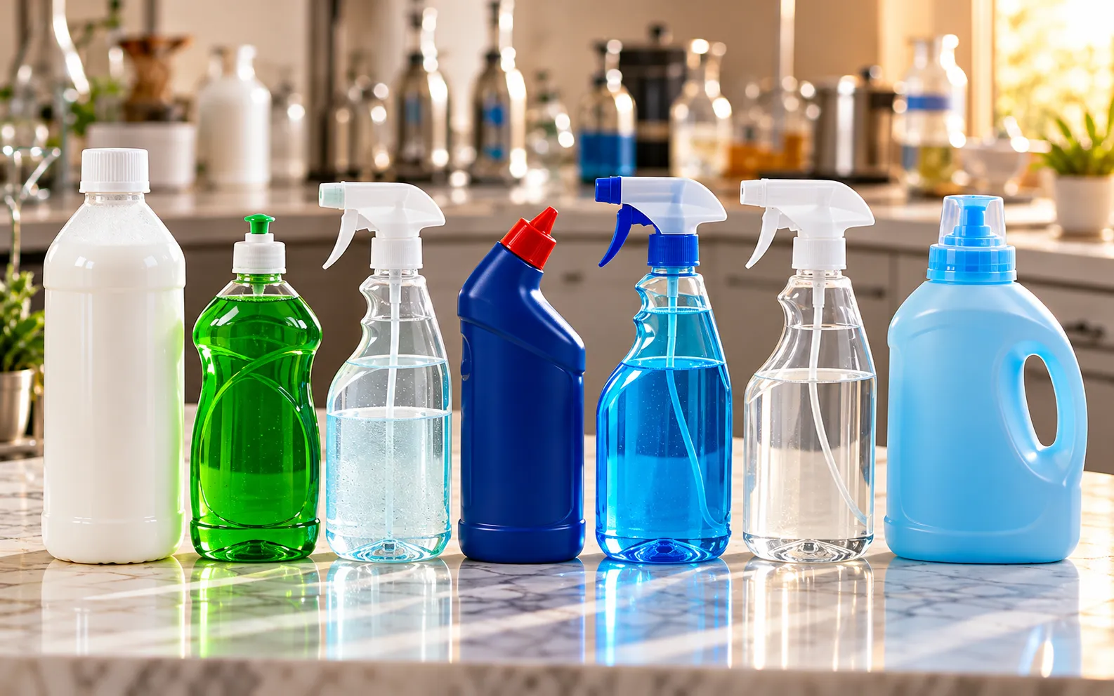 Seven unbranded home care products in a row — phenyl, dishwash, spray cleaners, toilet cleaner and liquid detergent