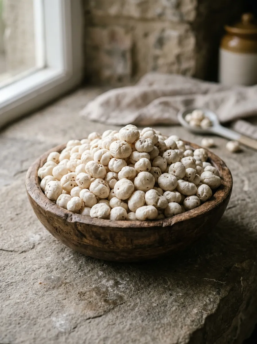 Raw makhana in a wooden bowl