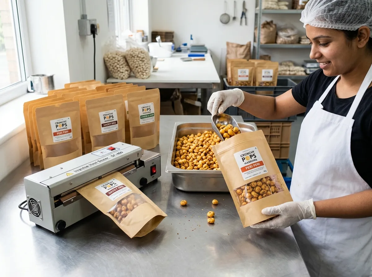 Flavoured makhana being packed into sealed retail pouches