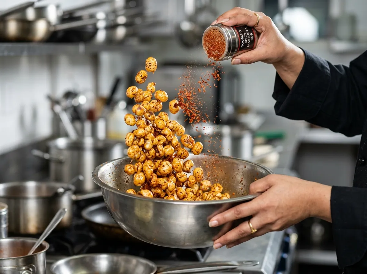 Ready-made seasoning being tossed onto oiled makhana