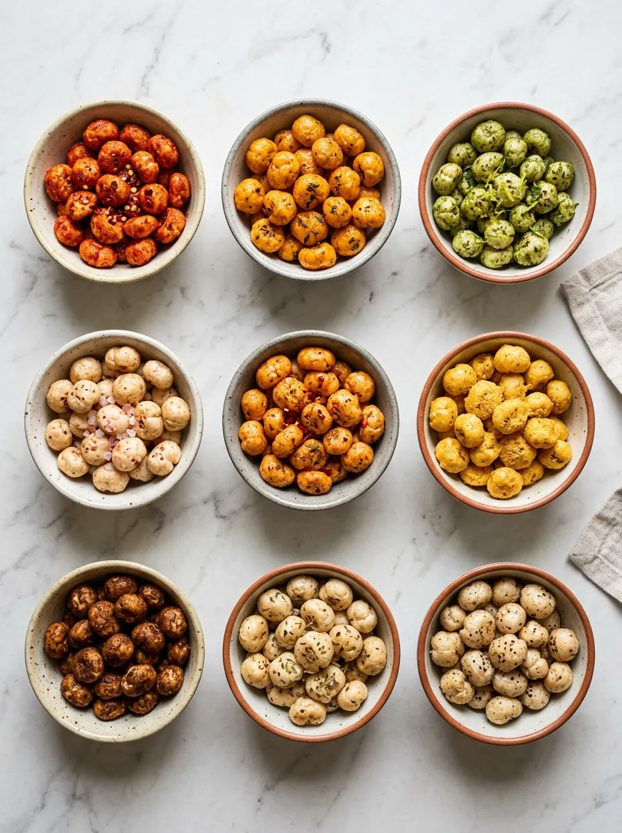 Nine small bowls of different flavoured makhana