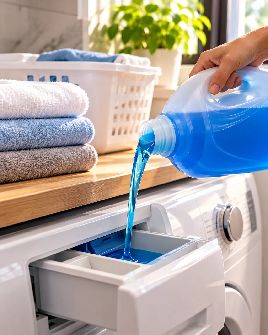 Blue liquid laundry detergent being poured into a washing machine drawer