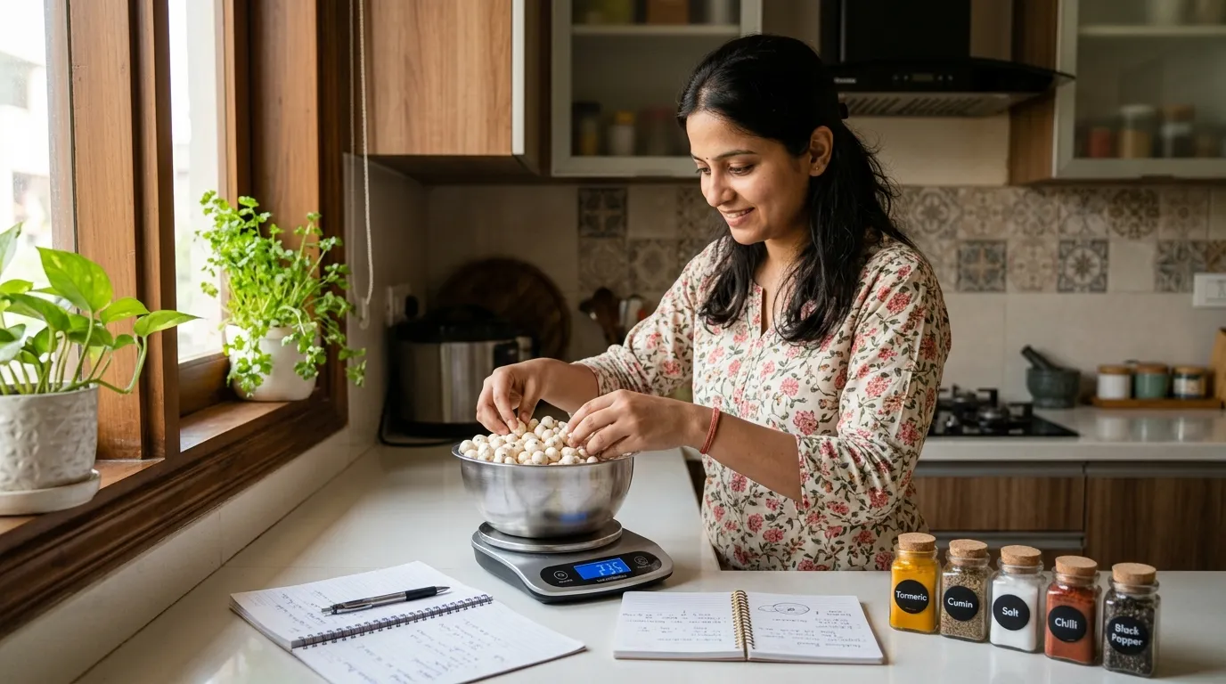 Beginner weighing raw makhana in a home kitchen