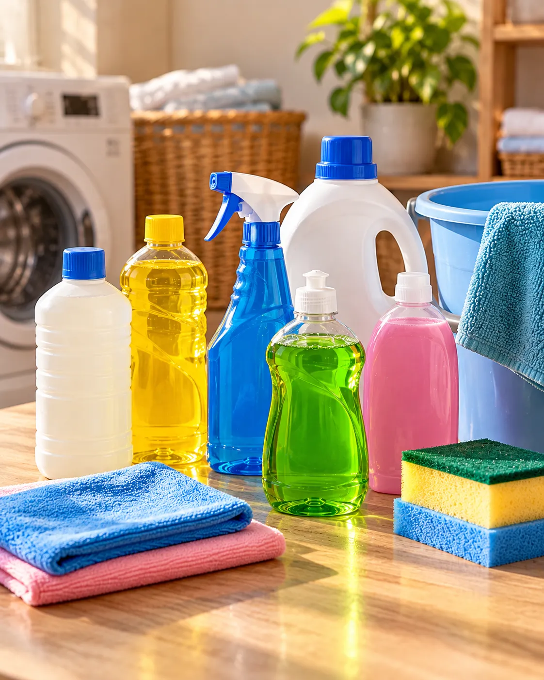 An assortment of home care products — detergents, dishwash and spray cleaners — on a table
