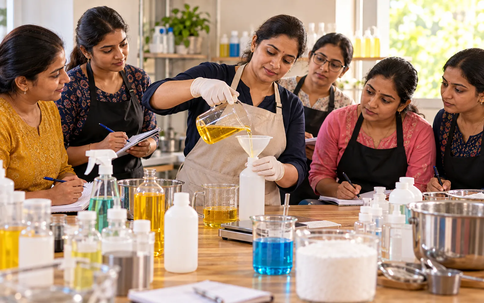 Learners watching a trainer measure a cleaner sample during a home care product making class