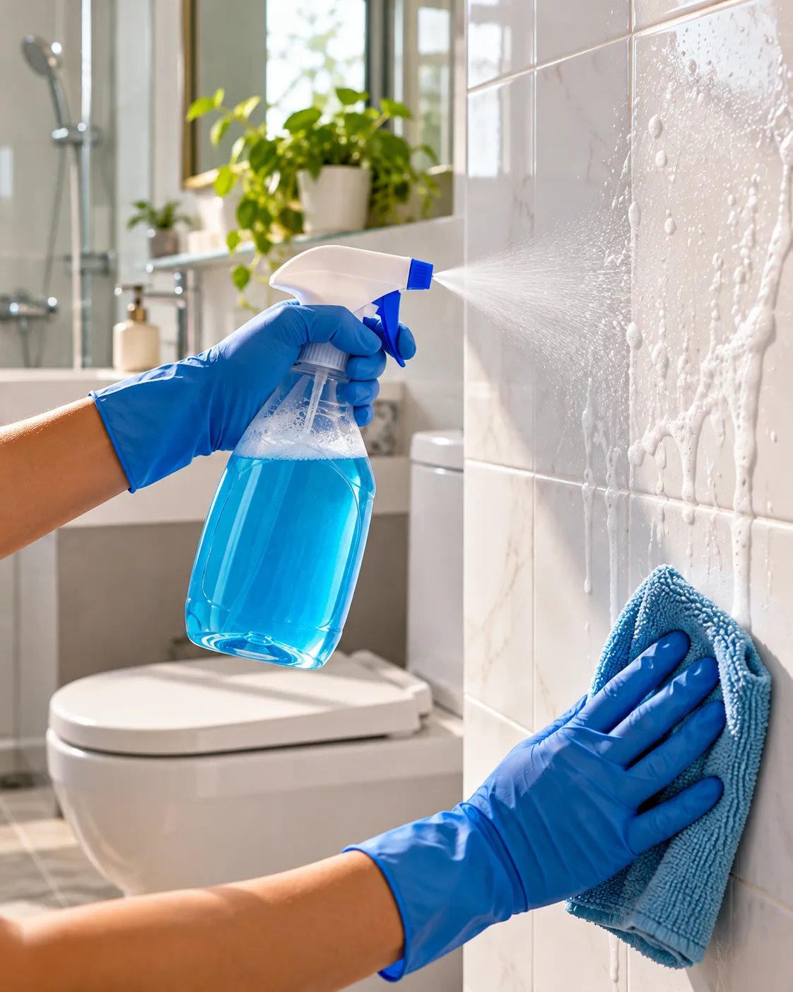 Gloved hands spraying and wiping bathroom tiles with a bathroom cleaner