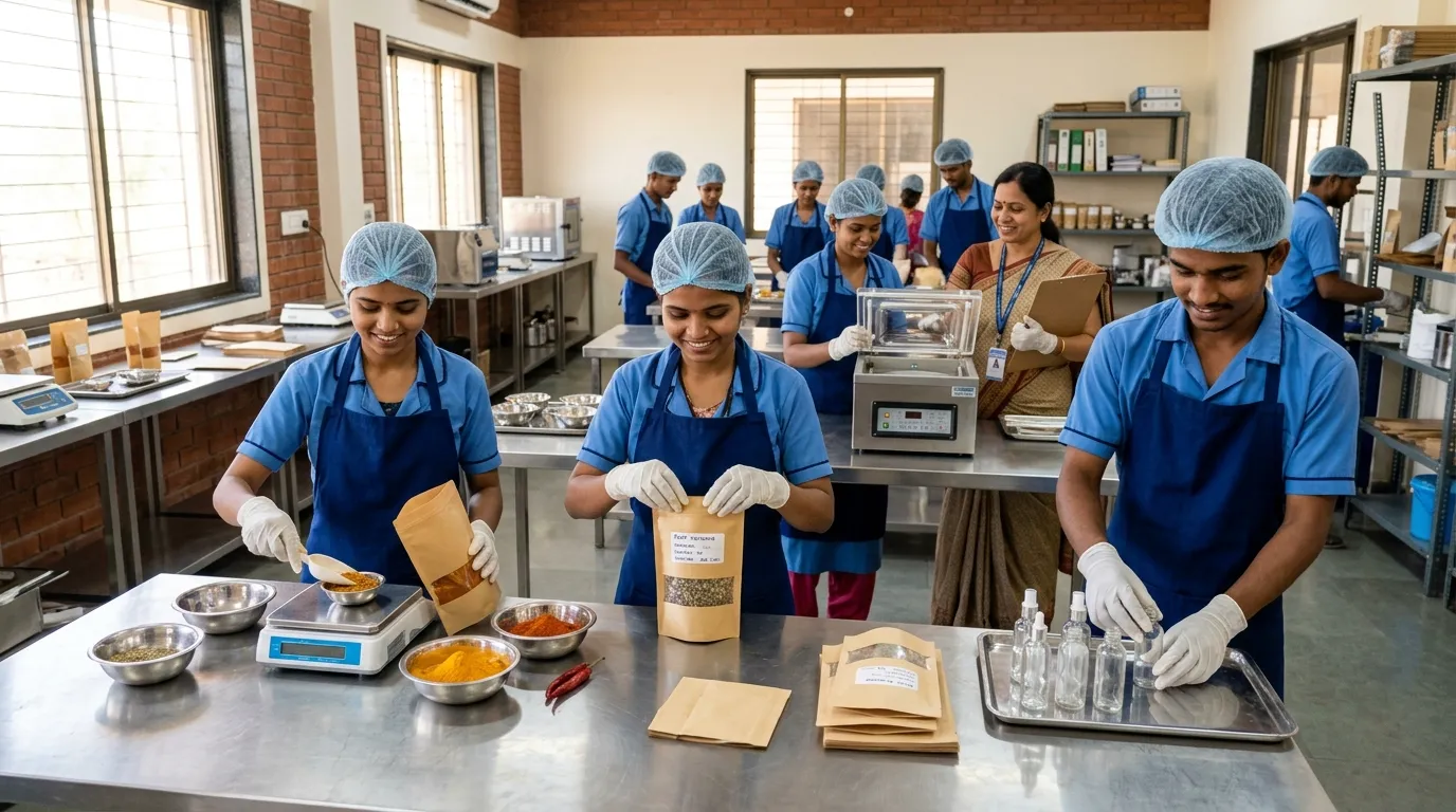 Trainees in hairnets and gloves filling and sealing food pouches in a skill-development training room
