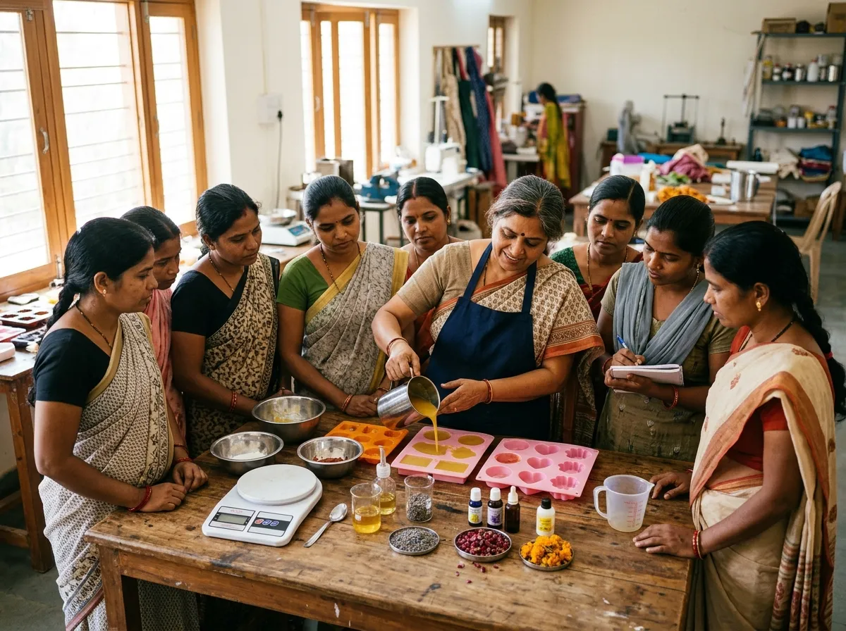CSDO trainer demonstrating soap pouring to a group of women at a community training workshop