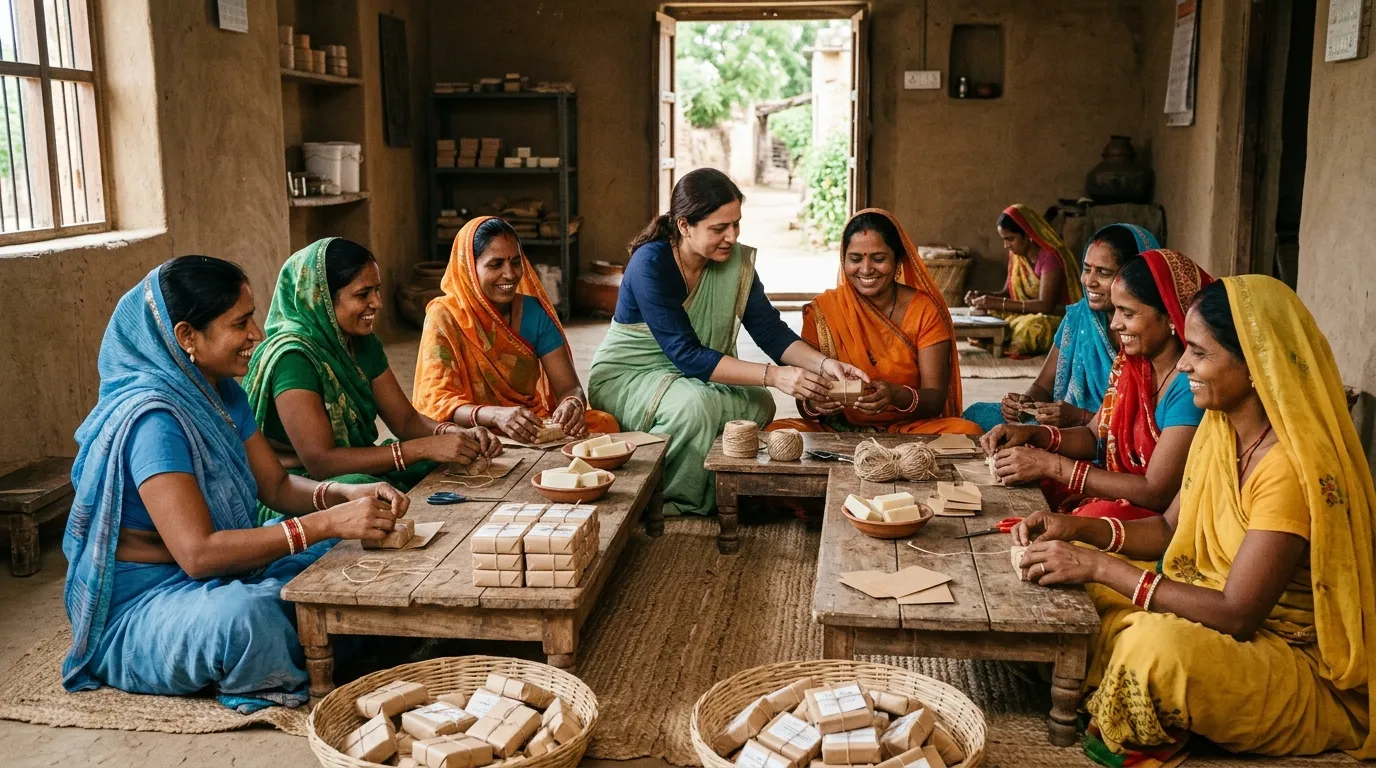 Rural self-help group women wrapping and packing handmade soap bars at a village community centre