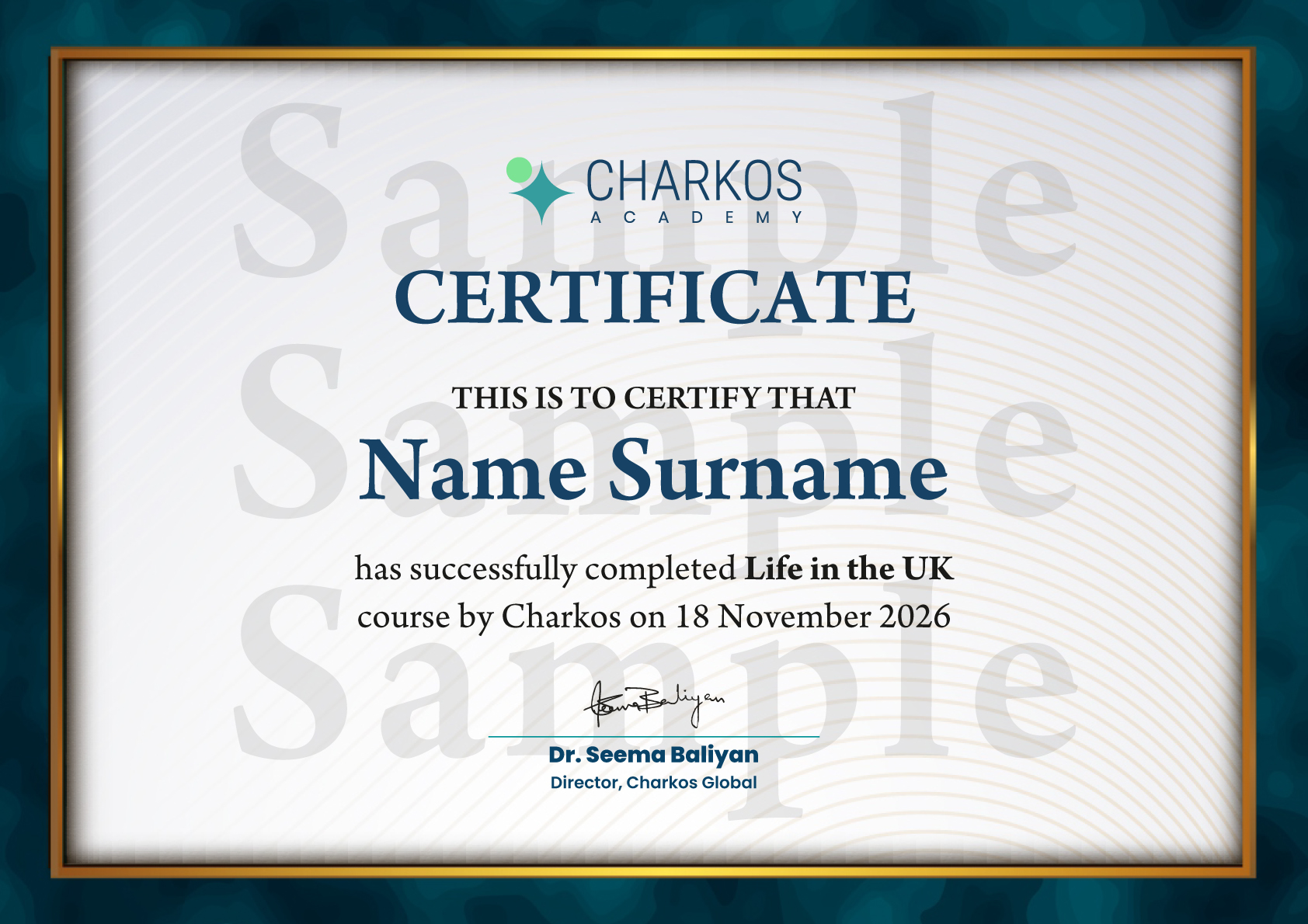 Charkos Academy Certificate Sample