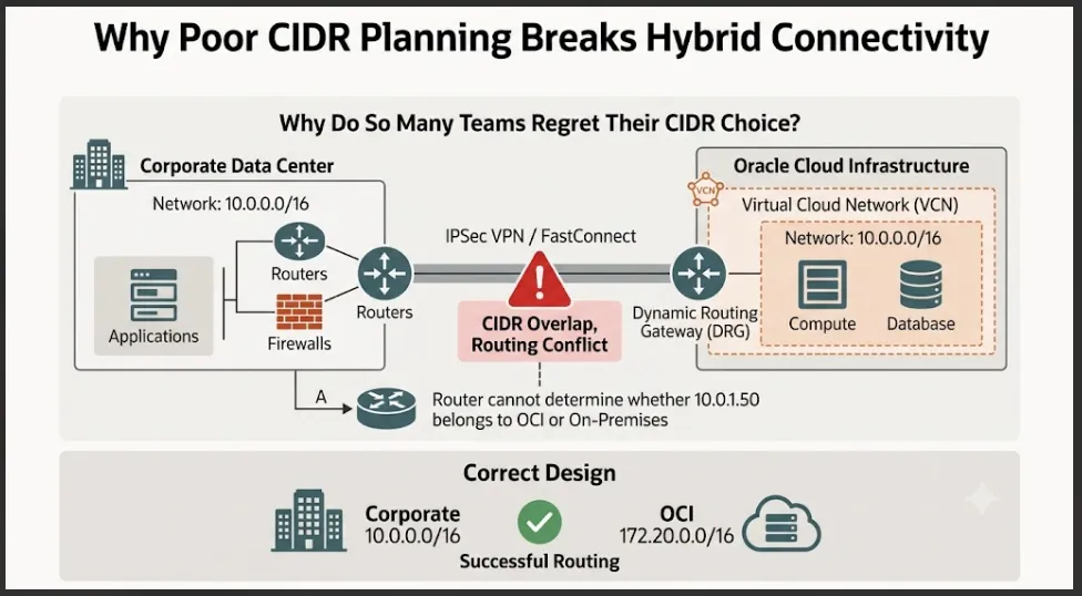 Diagram showing CIDR overlap conflict between on-premises network and OCI VCN routing