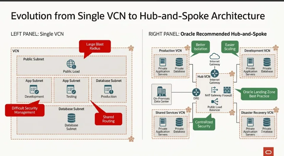 OCI Hub-and-Spoke VCN architecture with central hub VCN and spoke VCNs connected via DRG