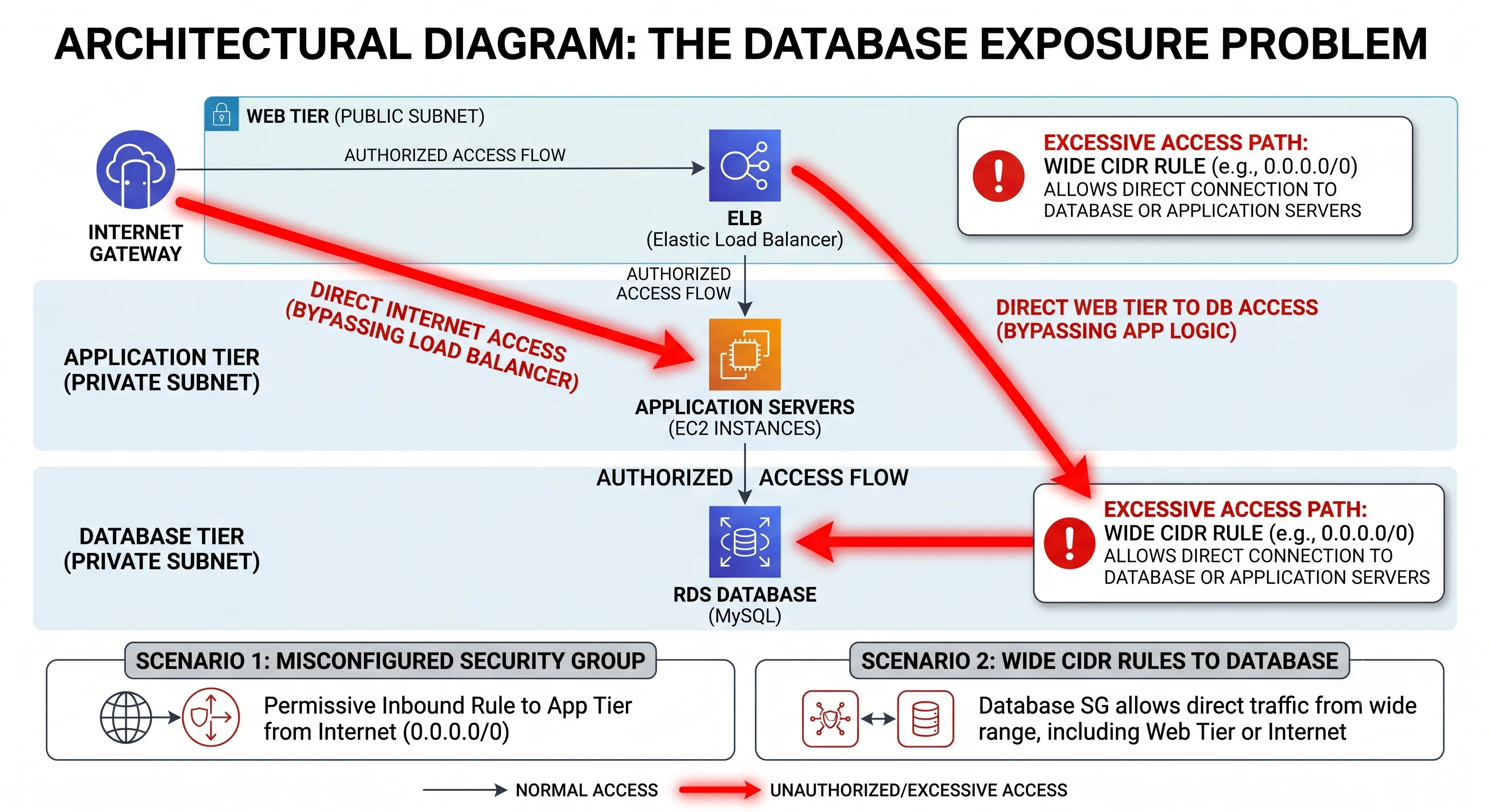 Diagram showing how a broad VCN CIDR rule on port 1521 allows a development subnet instance to reach a production Oracle database in a private subnet