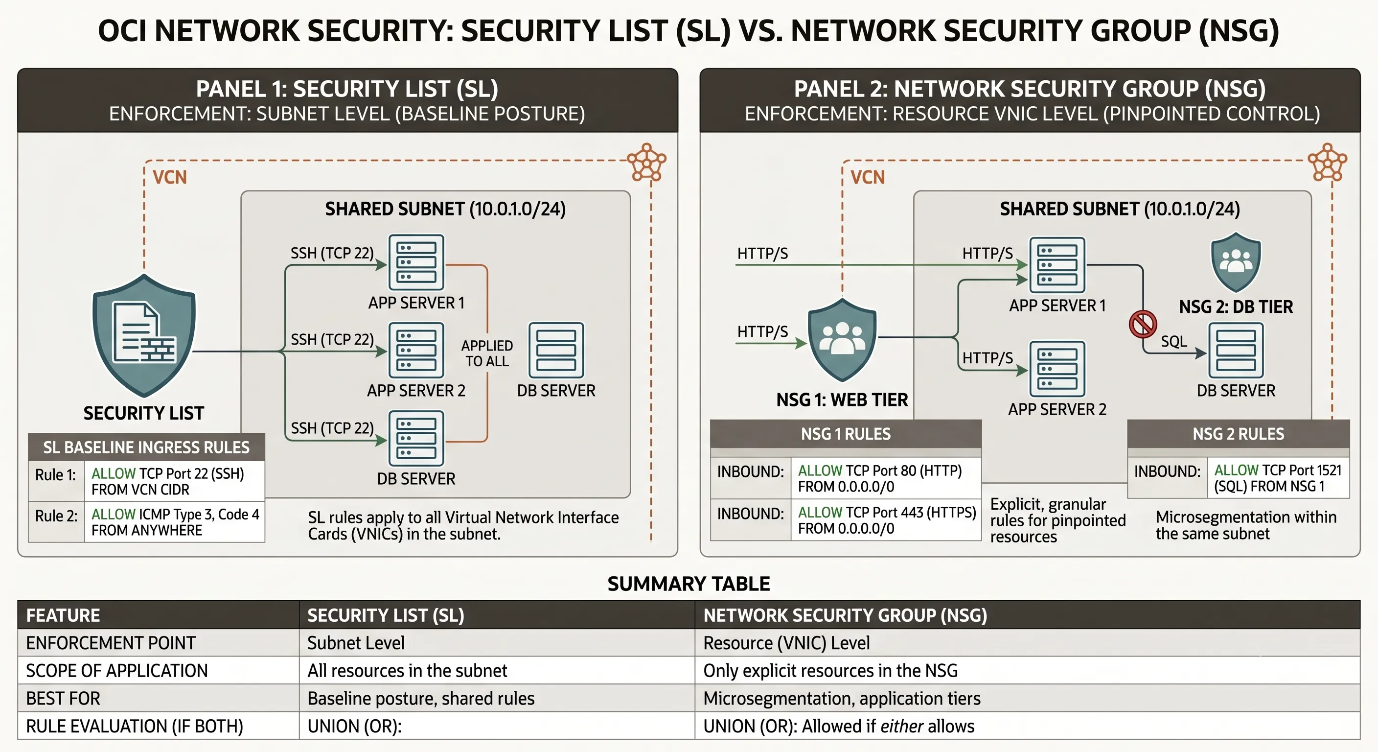Diagram comparing OCI Security Lists at subnet level versus Network Security Groups attached to individual VNICs for microsegmentation