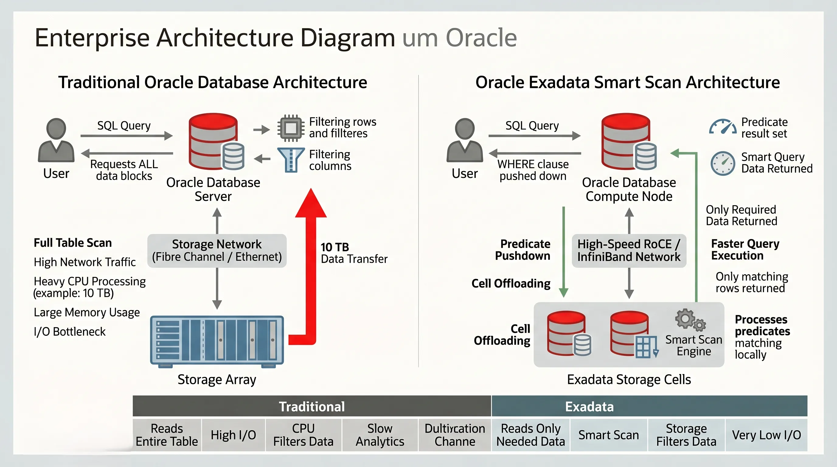 Traditional Oracle database architecture showing massive data transfer from storage to compute over Fibre Channel or Ethernet network