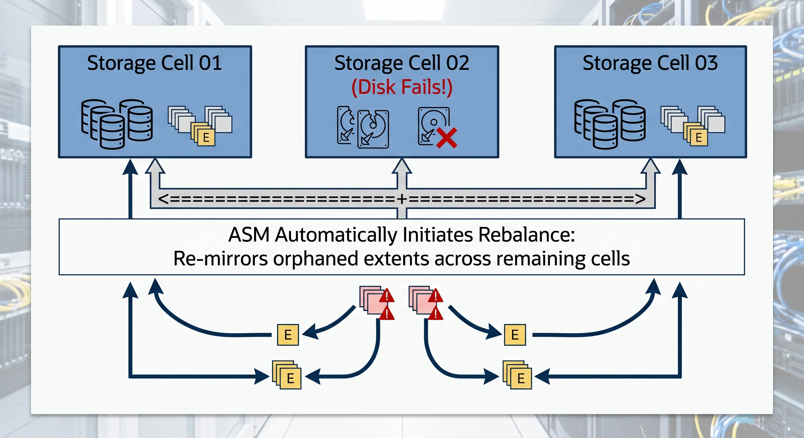 Oracle ASM self-healing storage rebalance workflow on Exadata after disk failure