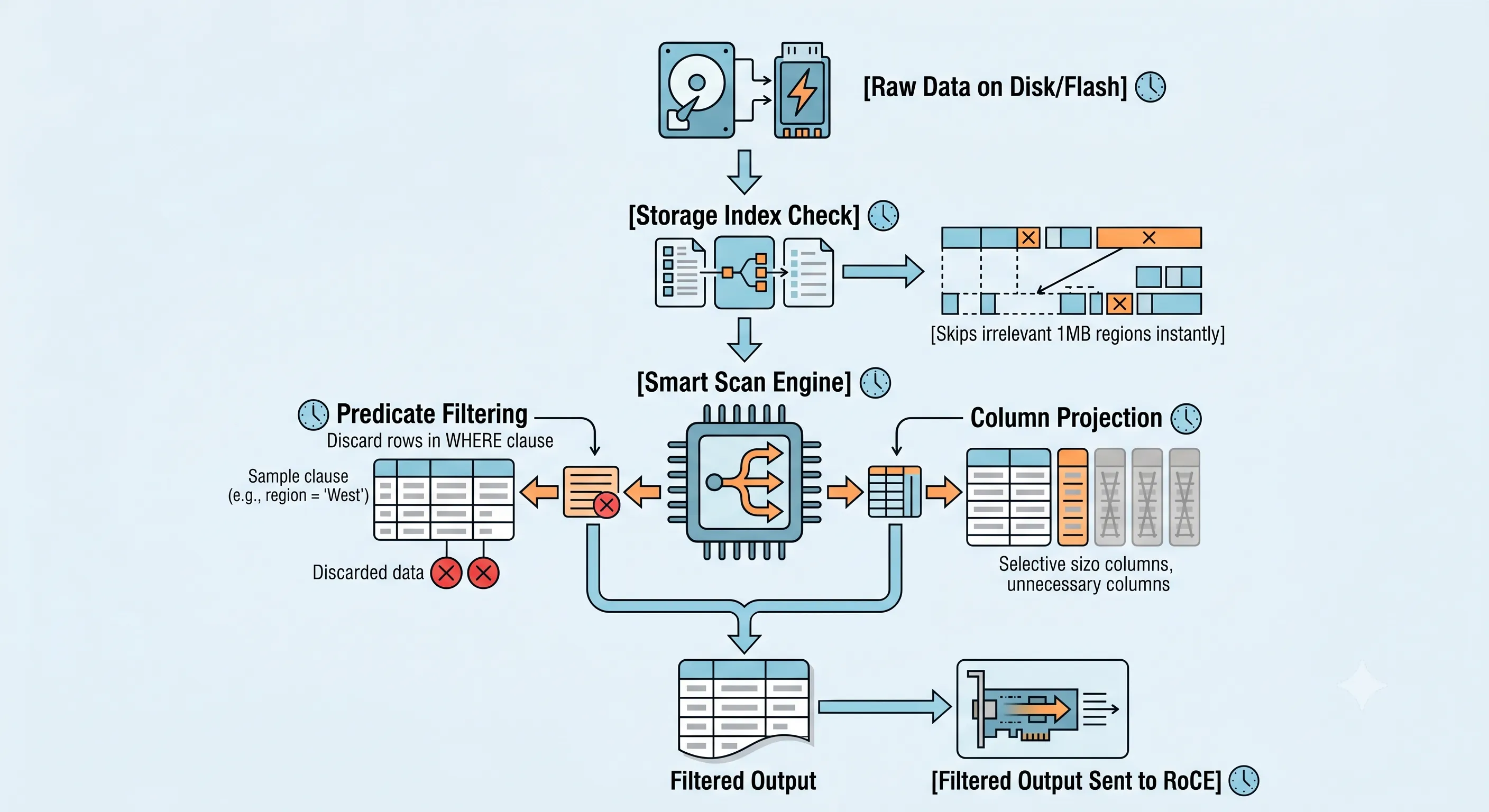 How does Exadata Smart Scan work — row and column filtering at the storage cell