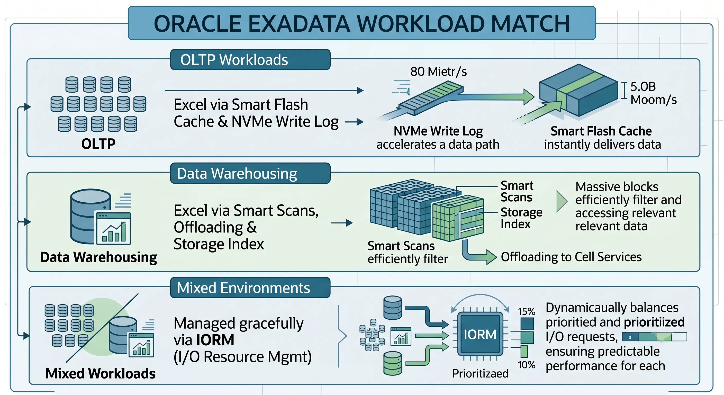Oracle Exadata workload suitability — OLTP, data warehousing, and mixed workload consolidation diagram