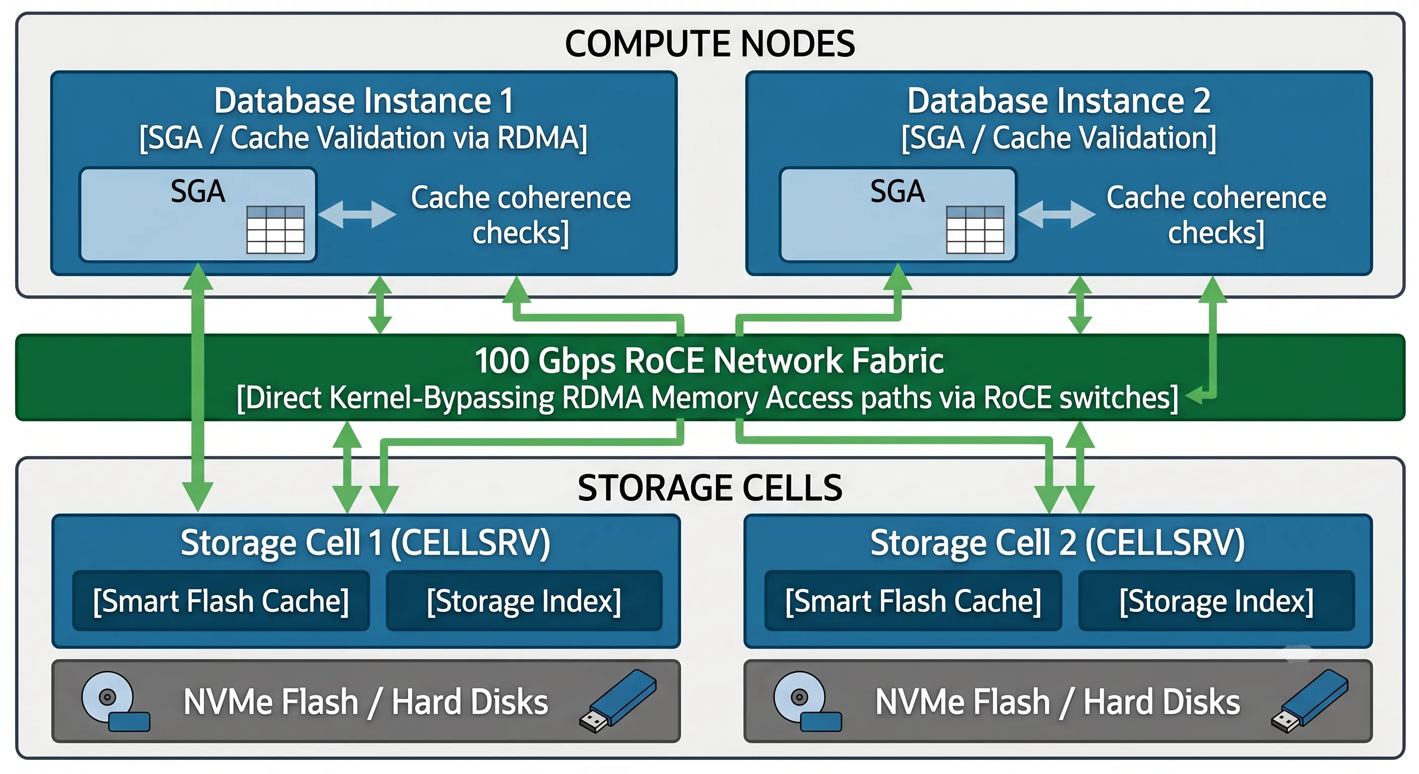 Oracle Exadata internal RoCE network architecture with compute nodes and storage cells